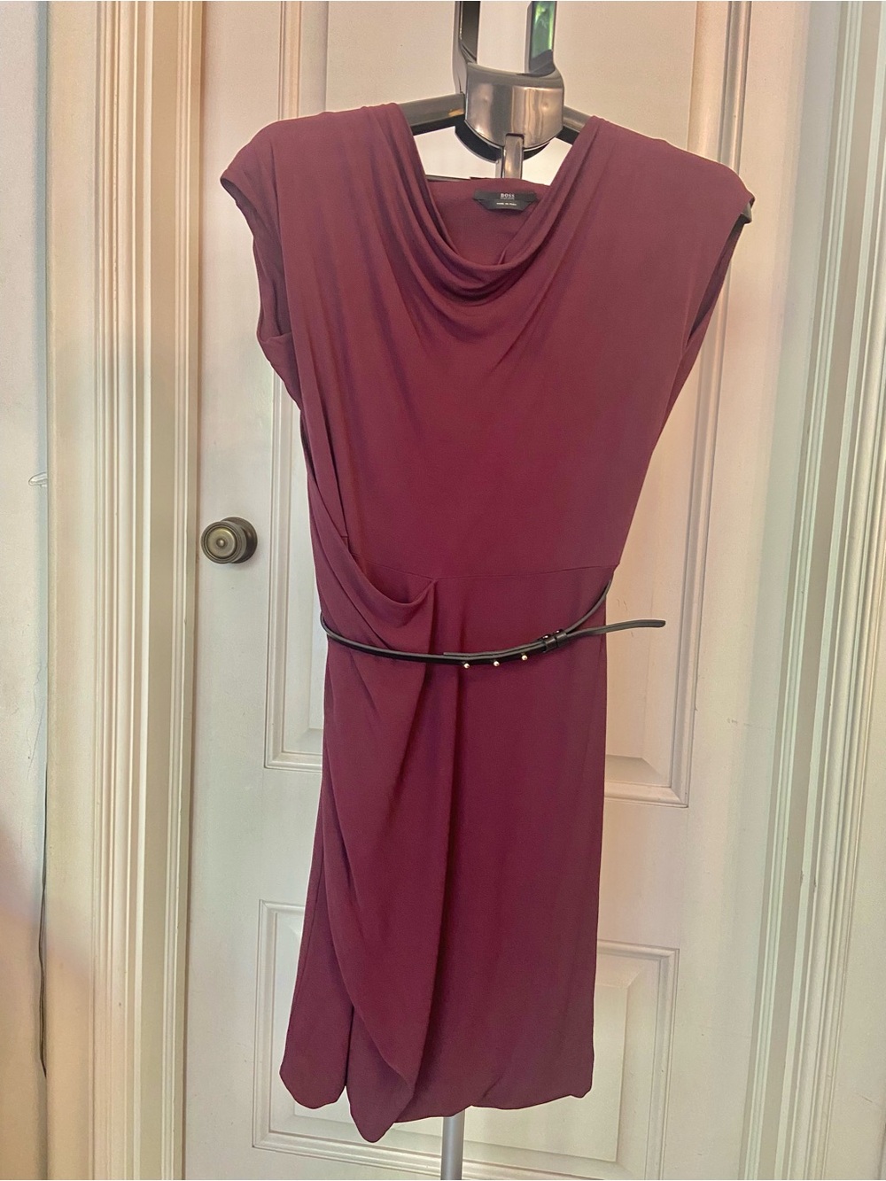 BOSS Feels like S Draped Burgundy Midi Dress with LEATHER Belt